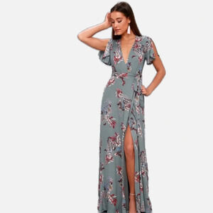 Lulu’s Maxi Dress Fiorire Slate Blue Floral Print Wrap Size XS Romantic Feminine